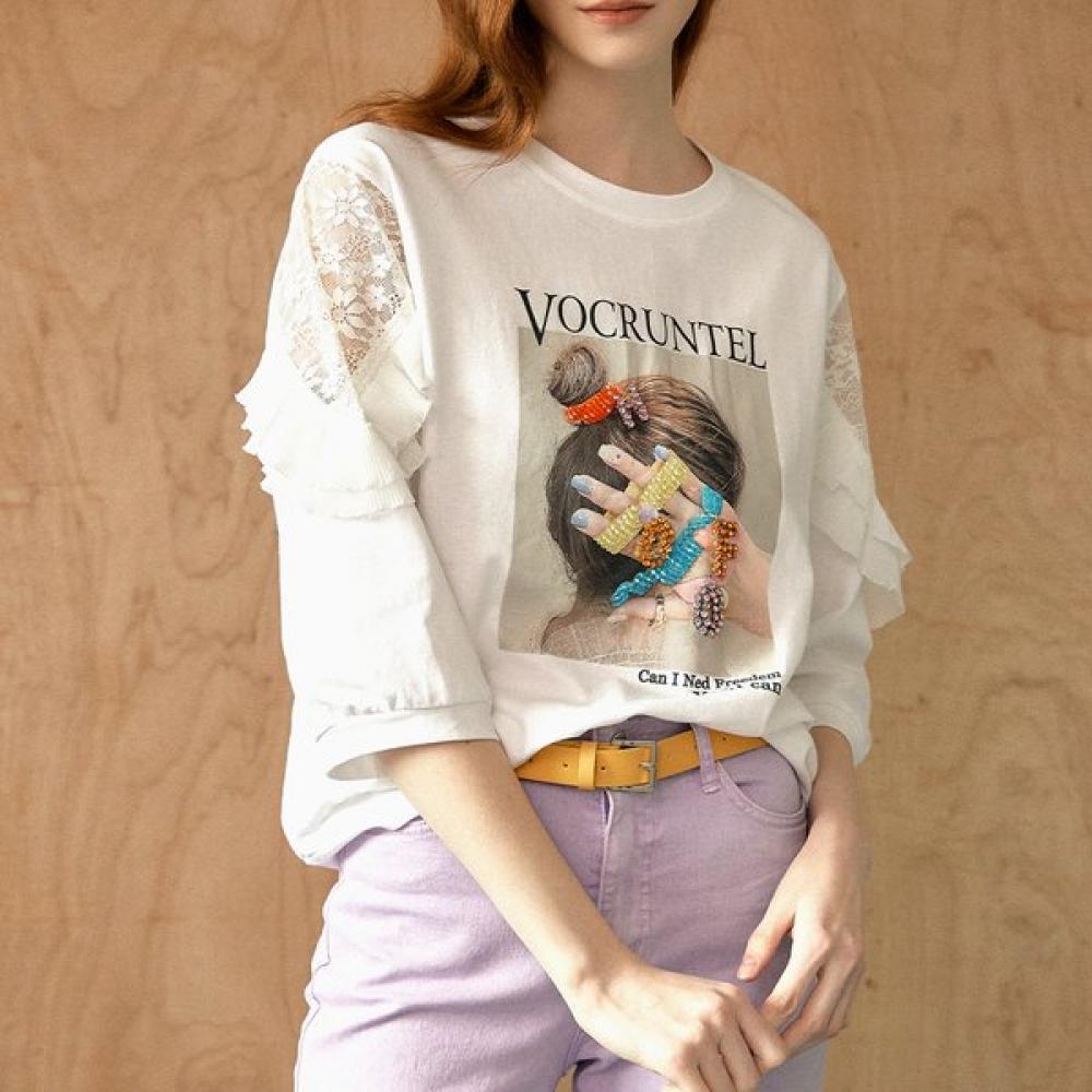 Maxza Cubic PoinT Lace Frill Sleeve T shirT zb06Ts003 white/FREE