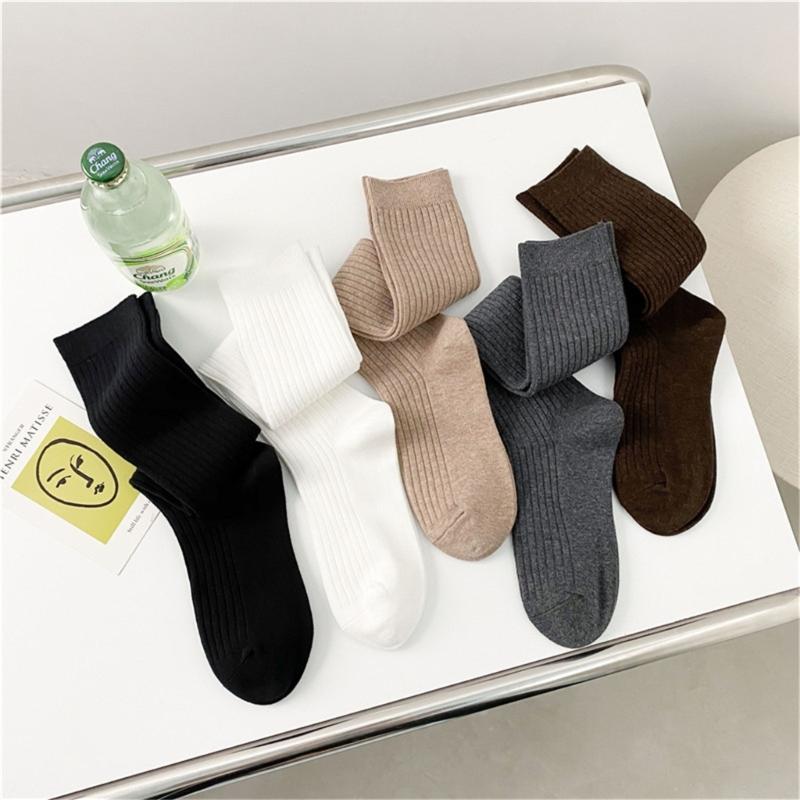 Women Ribbed Knitting Cotton Long Socks Autumn Winter Warm Fashion Solid Color Casual Breathable Knee High Stockings