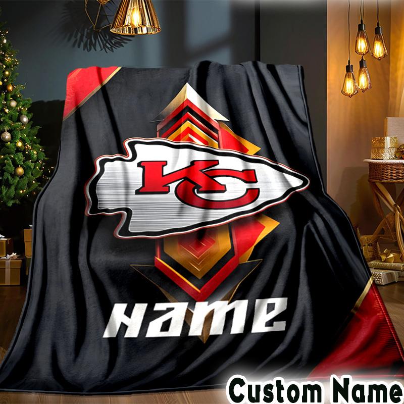 Custom Name Kansas City Chiefs Logo Throws Blanket Flannel Blankets for Couch Bed Gifts for Men Women Picnic Blanket Christmas Fan Gifts