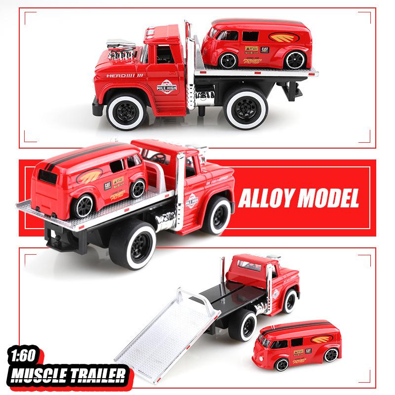 1:60 American MUSCLE TRAILER Alloy Diecast Car Model Toys Sound Light Pull Back Metal Body Rubber Tires Trailer Toys Kids Gifts