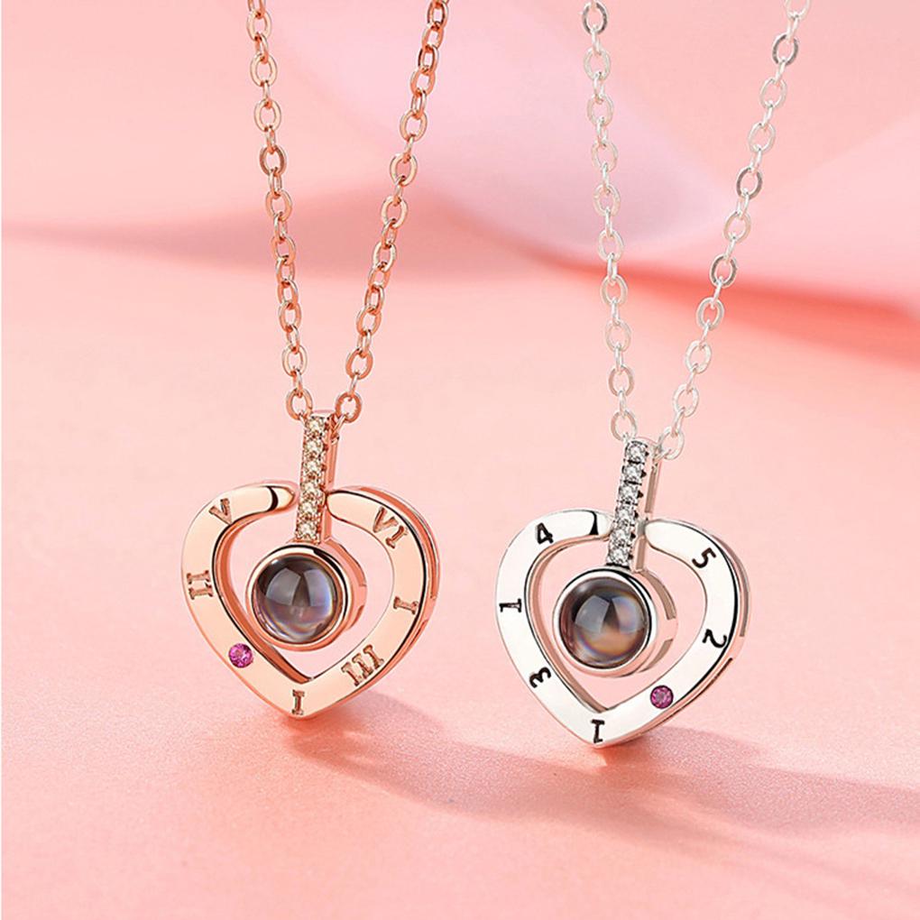 Heart Shape Women Necklace Brass 100 Loving Words Glass Pendant Girl Neck Jewelry Accessories