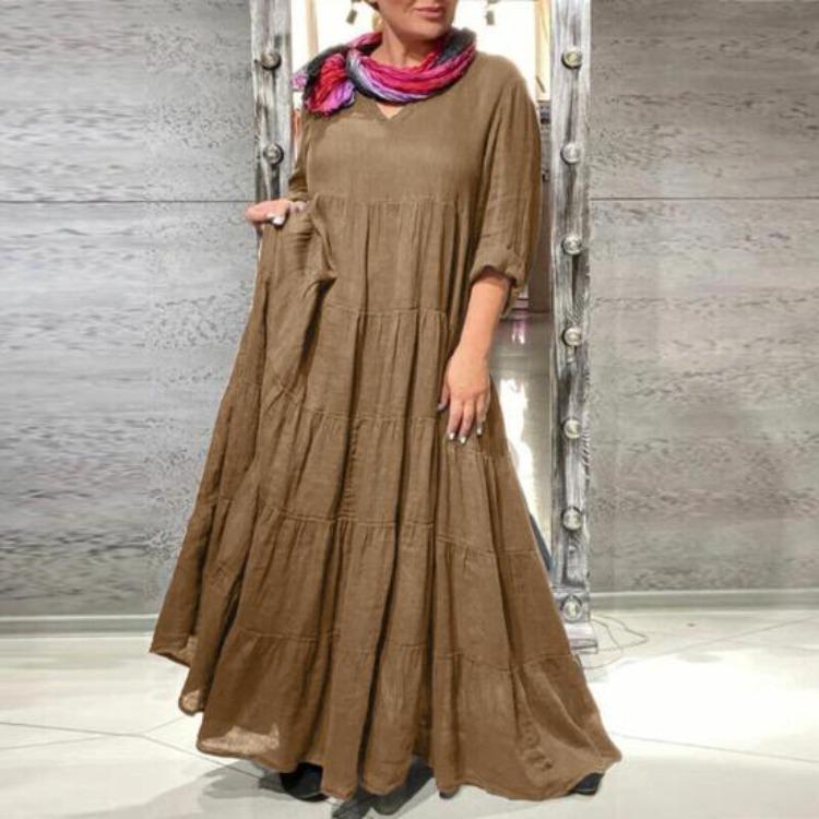 Summer Vacation Maxi Dress for Women V Neck Long Sleeve Solid Color with Ruffle Stitching and Pleated Hem