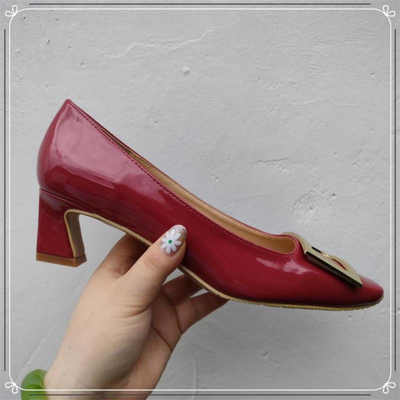 Lady Ww Classic Rv Square Buckle Small Square Head Shallow Mouth High Heels Women's Autumn and Winter New Thick Heel Flat Bottom Commuter Shoes