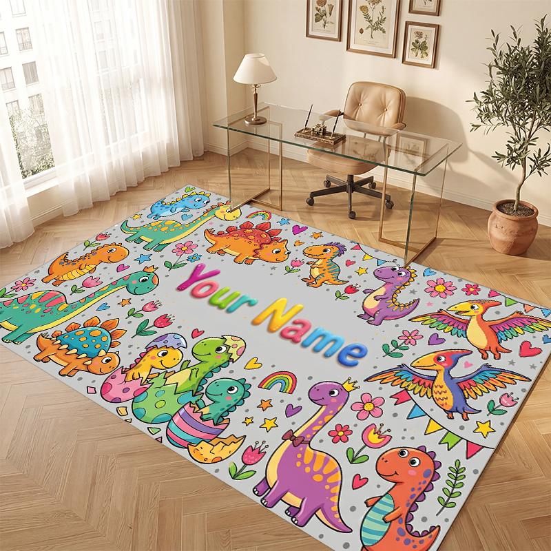 Dinosaur Theme Soft Crystal Velvet Rug Custom Name & Text Print Non Slip Floor Rug for Bedroom Living Room