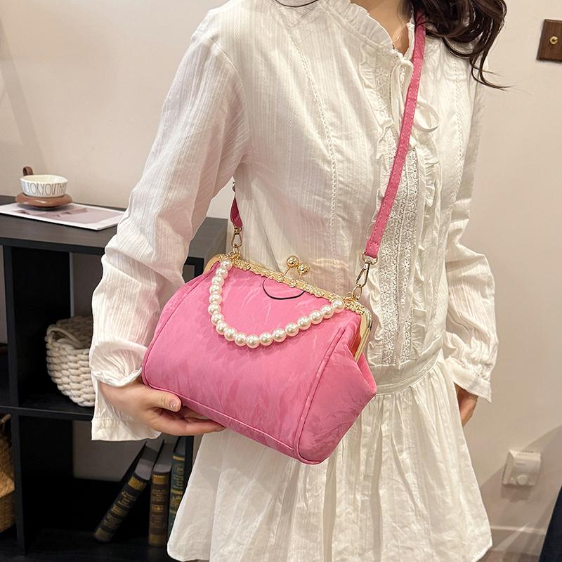 Elegant Velvet Kiss Lock Evening Clutch Women's Vintage Pearl Chain Shoulder Crossbody Bag Luxury Soft Fabric Handbag