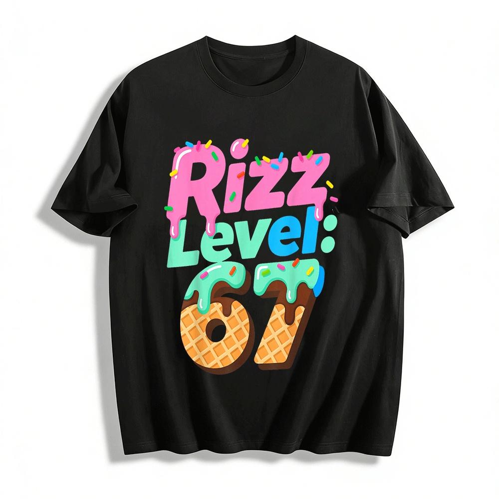 Rizz Level 67 Waffle Drip Print Trendy Casual Top Pure cotton T-shirt XXS