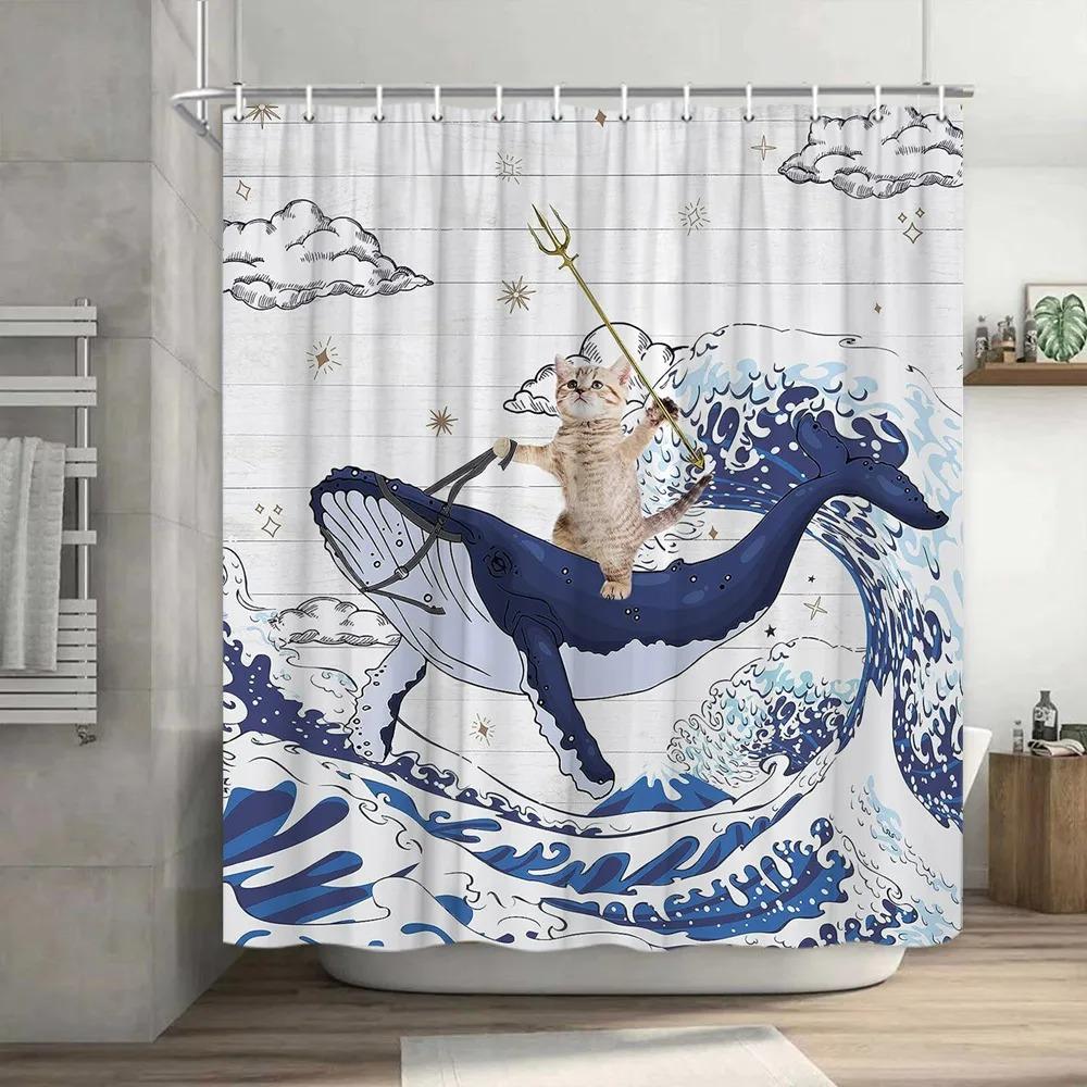 Lustiger Katzen-Duschvorhang Coole Dinosaurier-Dino Japanisches Meer Ozeanwelle für Kinder Jungen Rustikaler Holz-Bauernhaus-Badevorhang