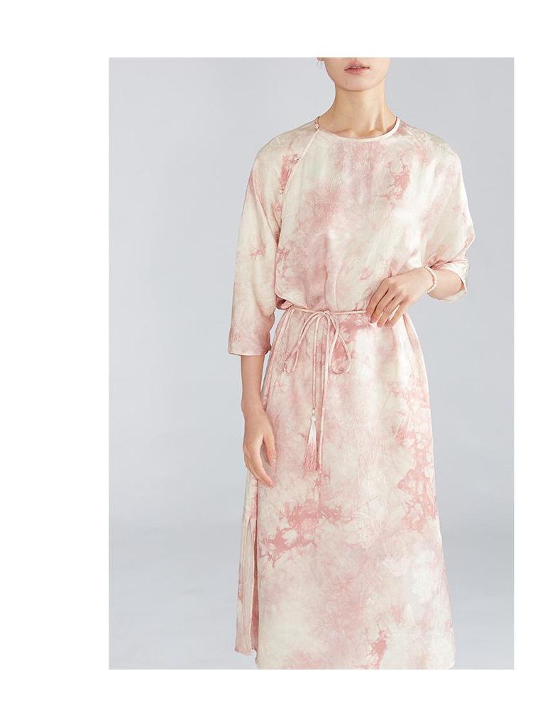 Handmade Tie-Dye Mulberry Silk Jacquard Dress - Chinese Style, Round Neck, Slanted Placket, Seven-Sleeve Midi