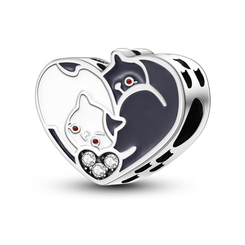 New 925 Silver Cute Cat Dog Charm Heart Pendant Beads Fit Bracelet DIY Women Jewelry Fine Gift