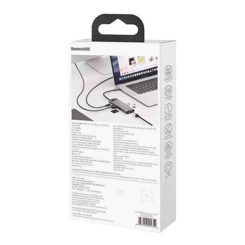 Hub 8W1 Baseus Metal Gleam Series, Usb-C Do 3X Usb 3.0 + Hdmi + Usb-C Pd + Ethernet Rj45 + Microsd/Sd
