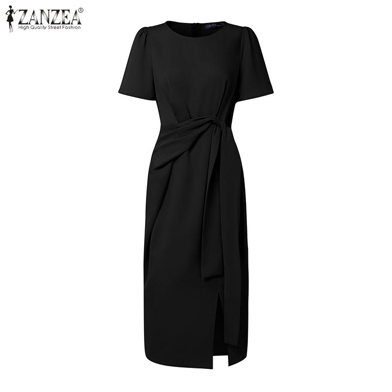 

ZANZEA Элегантное женское повседневное миди-платье с коротким рукавом, поясом на талии и разрезами 3XL