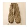 Winter New Literary Tie Elastic Waist Diamond Lattice Embossed Line Cotton Pants Female Windproof Warm Long Cotton Pants