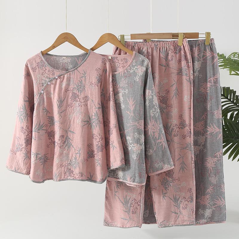 Women's new yarn-dyed pure cotton rich bamboo women's round neck retro pajamas long sleeves trousers set loungewear