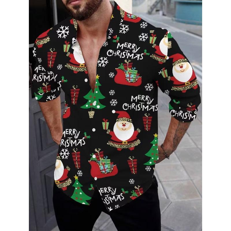 New Christmas Men's 3D Printed Formal Shirt Christmas Tree Santa Claus Pattern Long Sleeve Shirt Fashion Men's Shirt