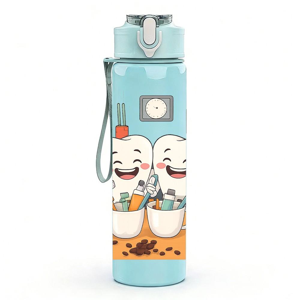 1PC Two Tooth Character Bathroom Mirror 750ml Color Plastic Sports Water Bottle Leakproof Flip Straw Lid Suitable for Sports Office Home Use