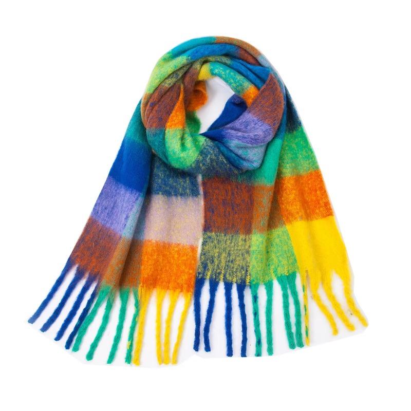 Winter Yarn Thicken Style Luxury Multicolour Plaid Faux Mohair Scarf Women Tassel Long Ring