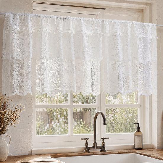 White Lace Window Valance, Sheer Vintage Floral Lace Short Curtain, Light Filtering Valance Curtain with Rod Pocket for Basement Kitchen Window