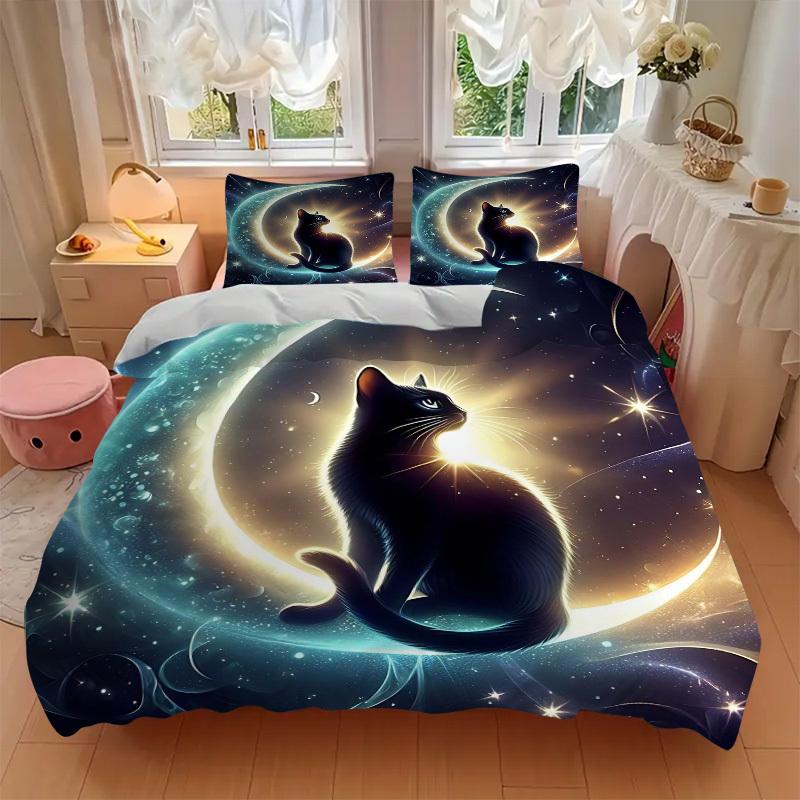 3pcs Anime Cat Moon Stars Bedding Set - Includes One Quilt Cover and Two Pillowcases (No Core) - Home Decor, Festival Gift, Polyester Fabric