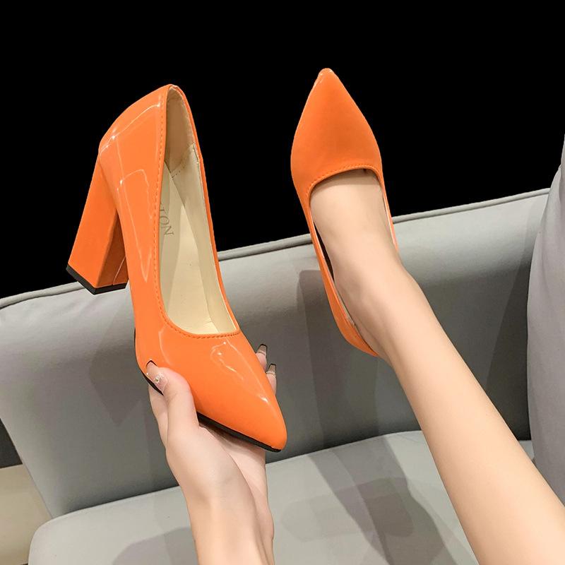 Large size high heels women's autumn new sexy thick heel pointed single shoes shallow mouth patent leather one pedal