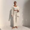 Womens 2026 Solid Color Turn-Down Collar Long Sleeve Shirt Elastic Waist Tie-Front Casual Pant Set