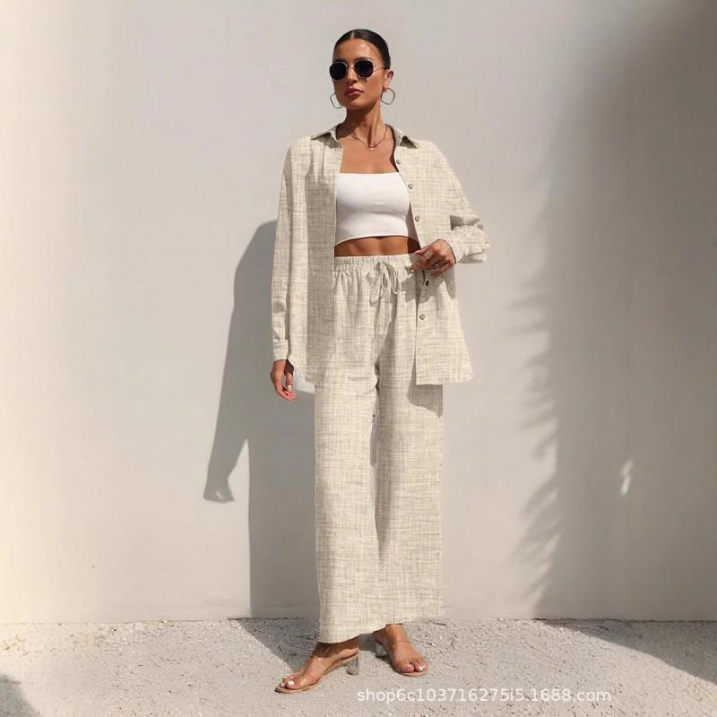 Womens 2026 Solid Color Turn-Down Collar Long Sleeve Shirt Elastic Waist Tie-Front Casual Pant Set