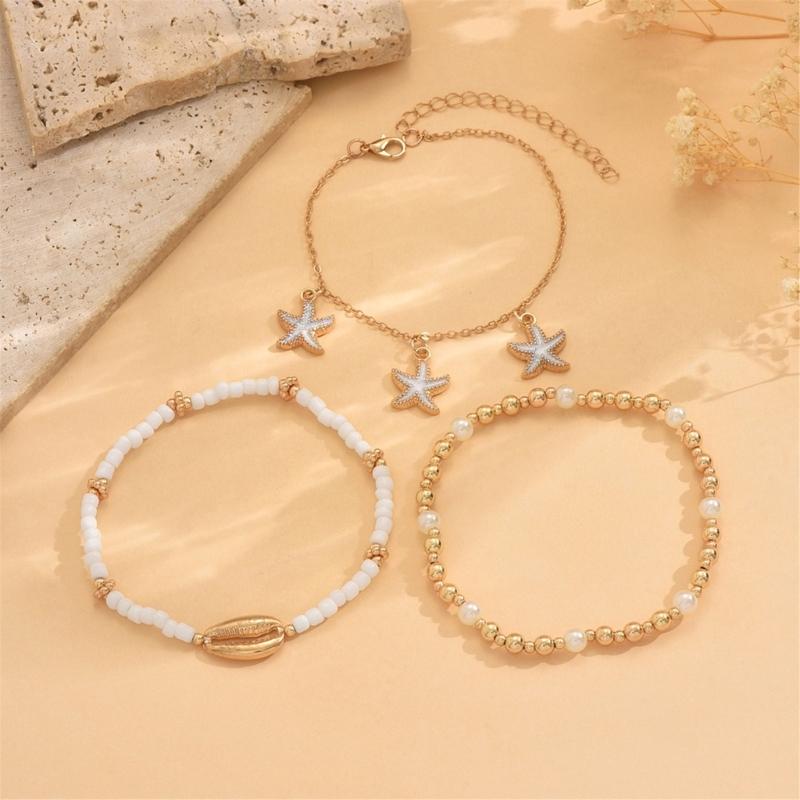 Bohemian Styles Shell Anklets Set with Starfish and Cowrie Charm Adjustable Beach Foot Jewelry for Women