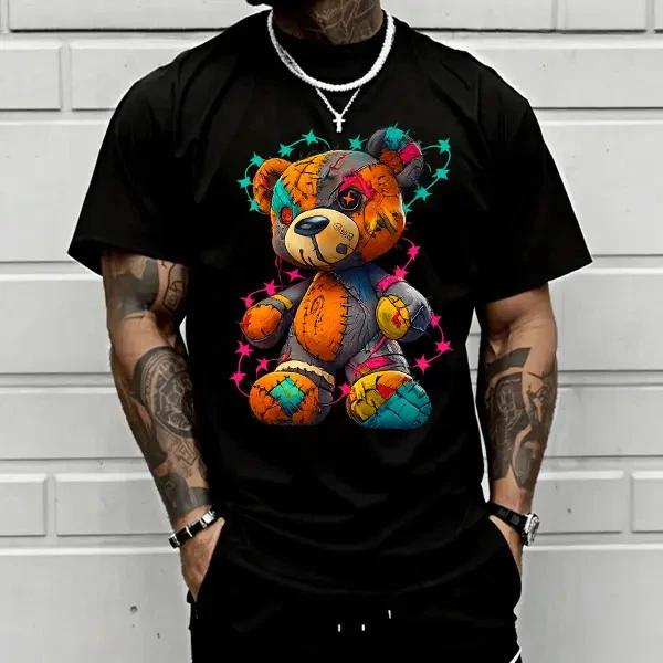 Herren Lockerer Streetstyle T-Shirt — Buntes Patchwork Teddybär Graffiti