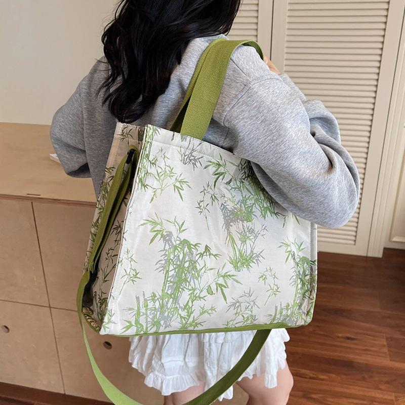 New Chinese Style Handbag Women's New Fashion Bamboo Leaf Printing Oblique Span Shoulder Bag College Student Commuter Tote Bag