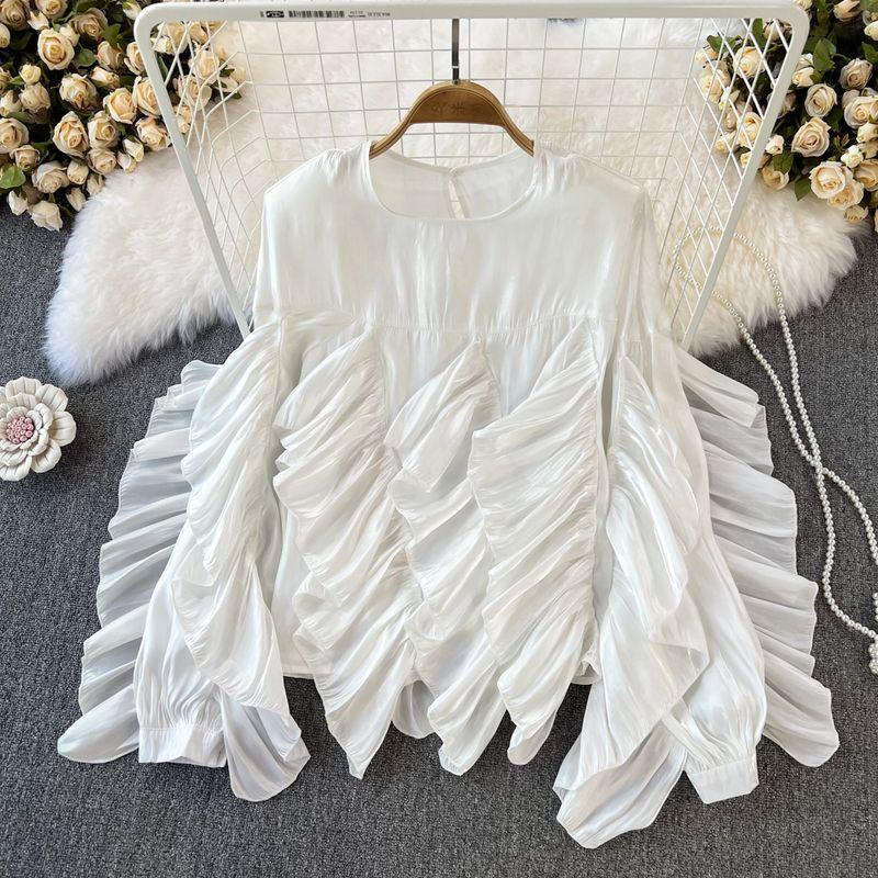 

Fashion Retro Elegant round Neck Loose Long Sleeves Shirt White All yards