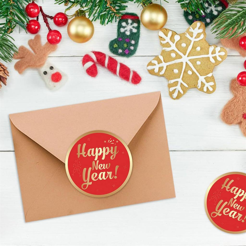 500Pcs Happy New Year Sticker 38mm Round Sealing Sticker Self-Adhesive Wrapping Labels for Envelopes Christmas Cards