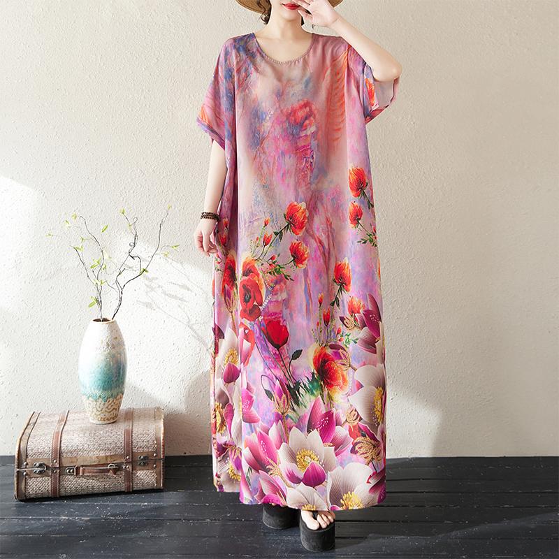 

DIMANAF 2025 Summer Women Plus Size Loose Dress Beach Basic Casual Long Dress Vintage Floral Printing Holiday Dress One Size фиолетовый