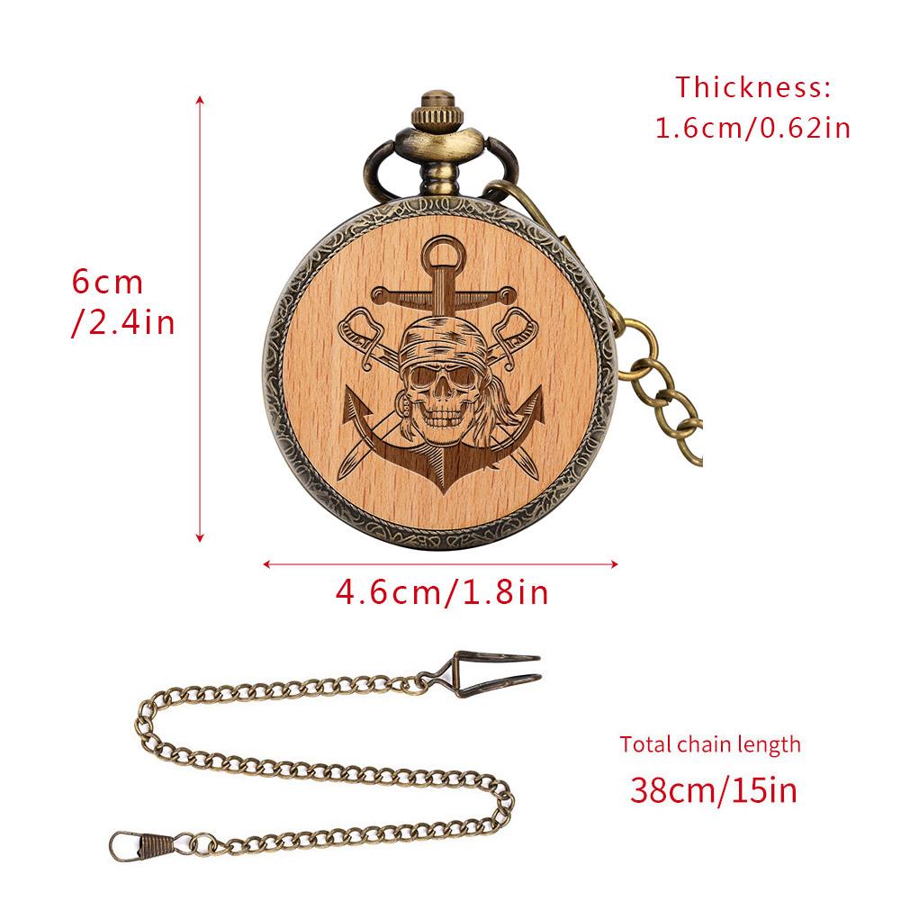 Vintage Pirate Skull Engraved Wood Pattern Quartz Pocket Watch Alloy Steampunk Necklace Chain Pendant Pocket Clock for Men Women