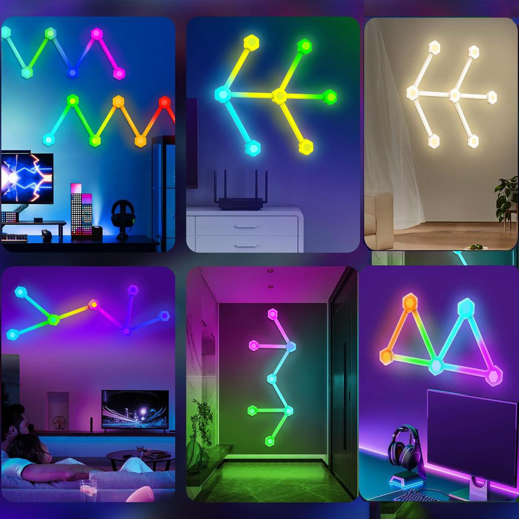6PCS/9PCS WiFi Smart LED Strip Lights Bars RGB-IC 3D Hexagon Music Sync Voice Control DIY Splicing Wall Sconces for Game Bedroom