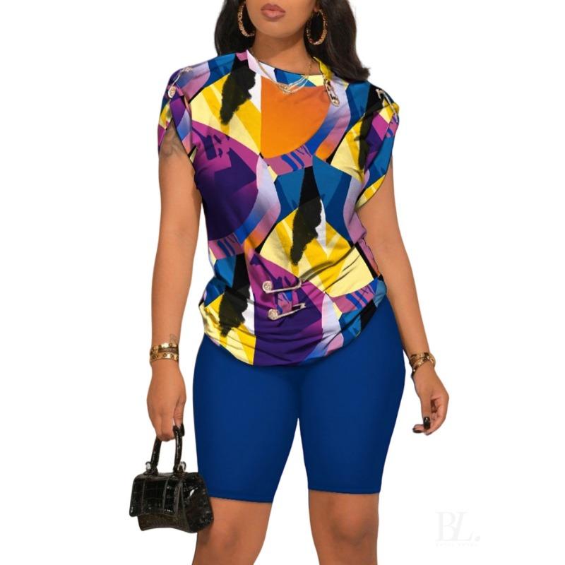 YYFS Damenmode Casual Sommer Frühling Farbblockdruck Kurzarm O-Ausschnitt Hosen Hosenanzüge