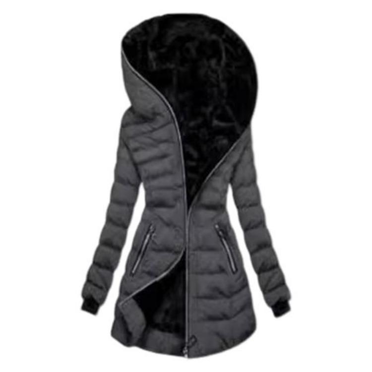 Winter Women Hooded Padded Down Jacket Mid Length Cotton Coat Plush Lined Windproof Zip Up Long Sleeve with Elastic Cuffs Outdoor
