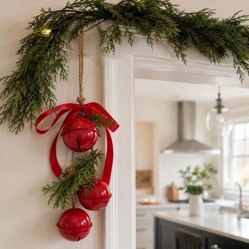 Iron Christmas Bell Ornament, Three Staggered Bells with Ribbon and Pine-Look Trim for Wreath Holiday Displays