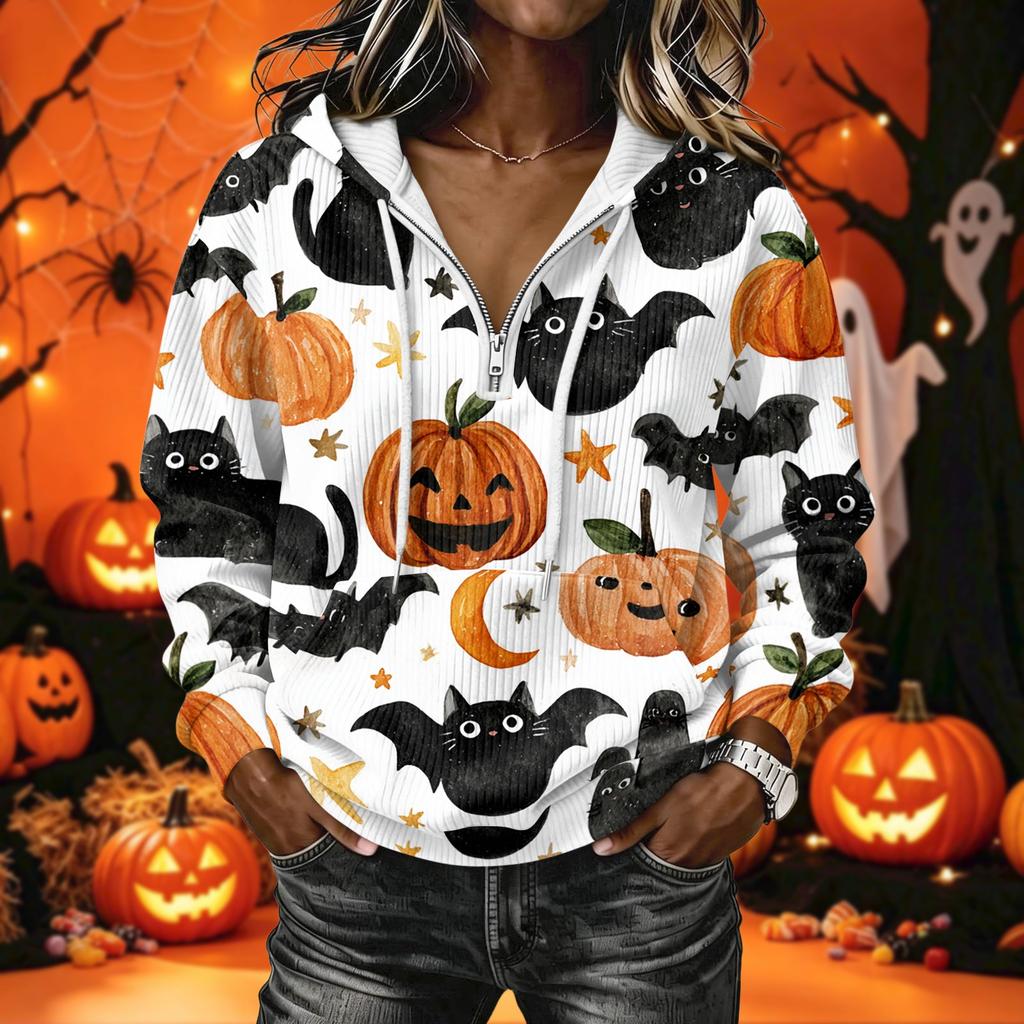 Women's Casual Long Sleeve Halloween Printed Hoodie Pullover with Top