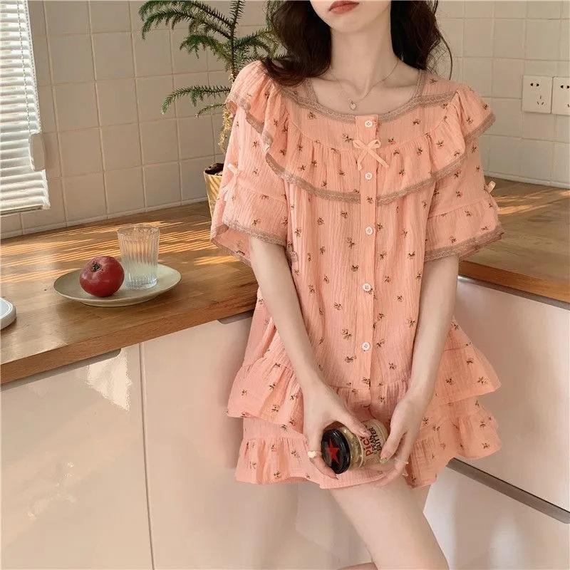 ins style pajamas women's summer new sweet floral high-value short-sleeved shorts bow girl loungewear