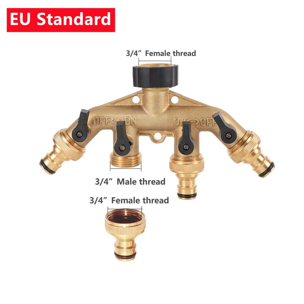 Brass EU/US 3/4" Female/Male Thread 4-Way Water Splitter With Valve Garden Irrigation Multi-Way Joint Tap Pipe Nipple Connector