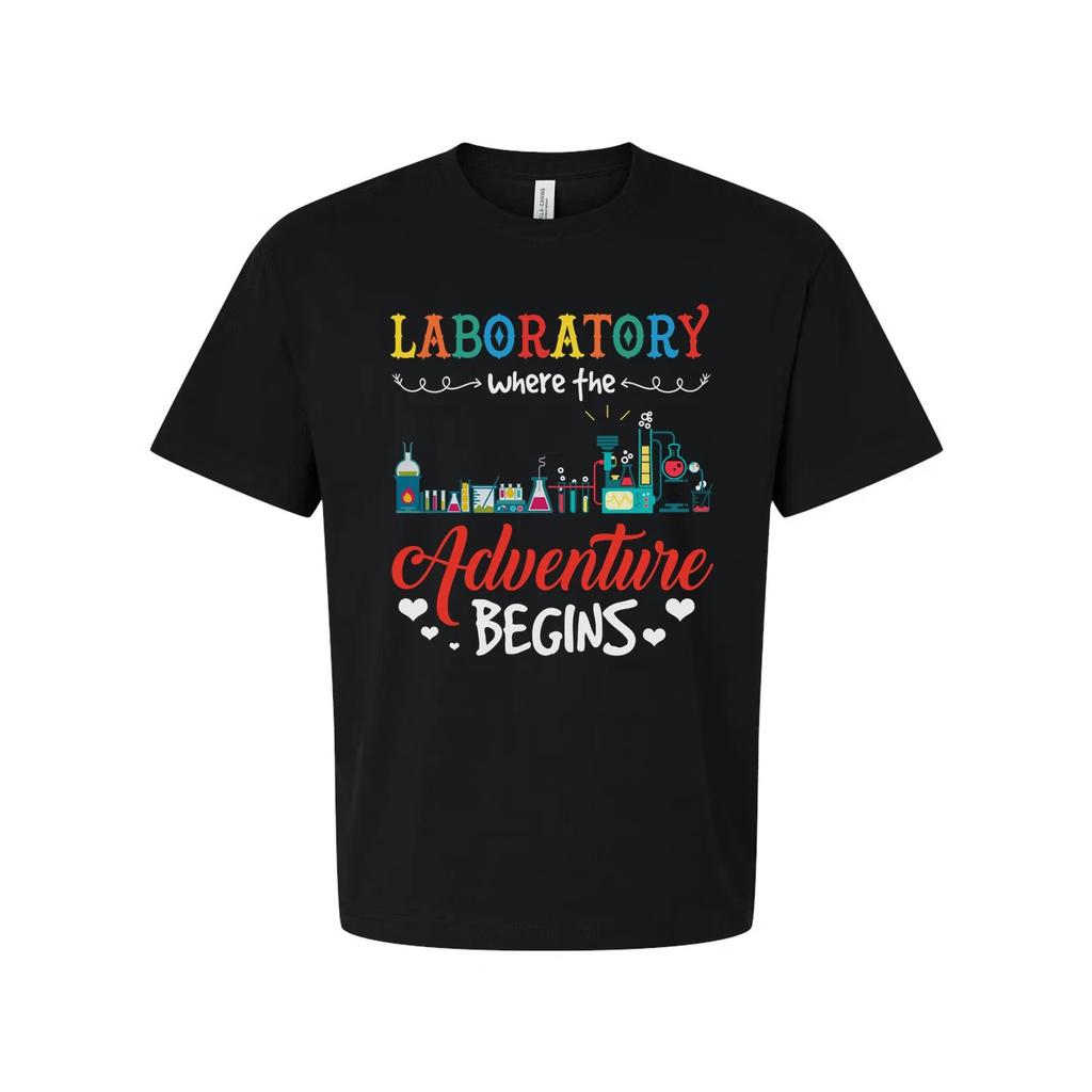 Laboratory Adventure Begins Graphic Tee For Unisex Fit With Colorful Lab Equipme