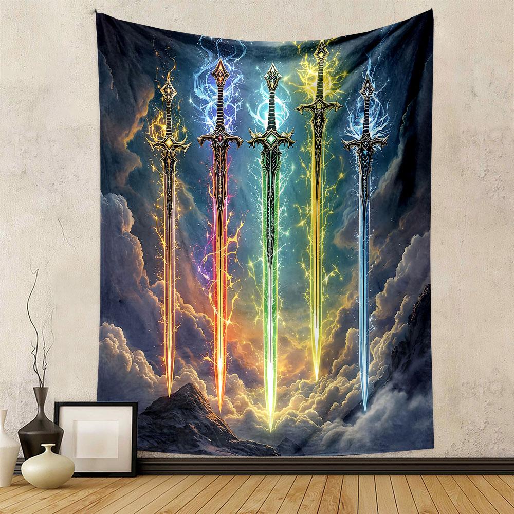 "Colorful Enchanted Swords in Sky" Patterned Tapestry Decorative Wall Hanging, Home Bedroom Living Room Decor