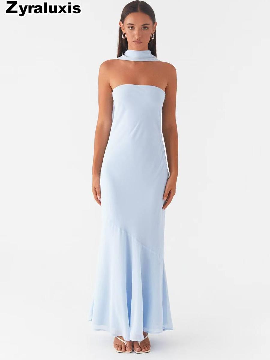 Gorgeous French Style Floral Ruffled Spaghetti Strap Beach Vacation Mermaid Tail Slimming Dress for Sanya S лазурь