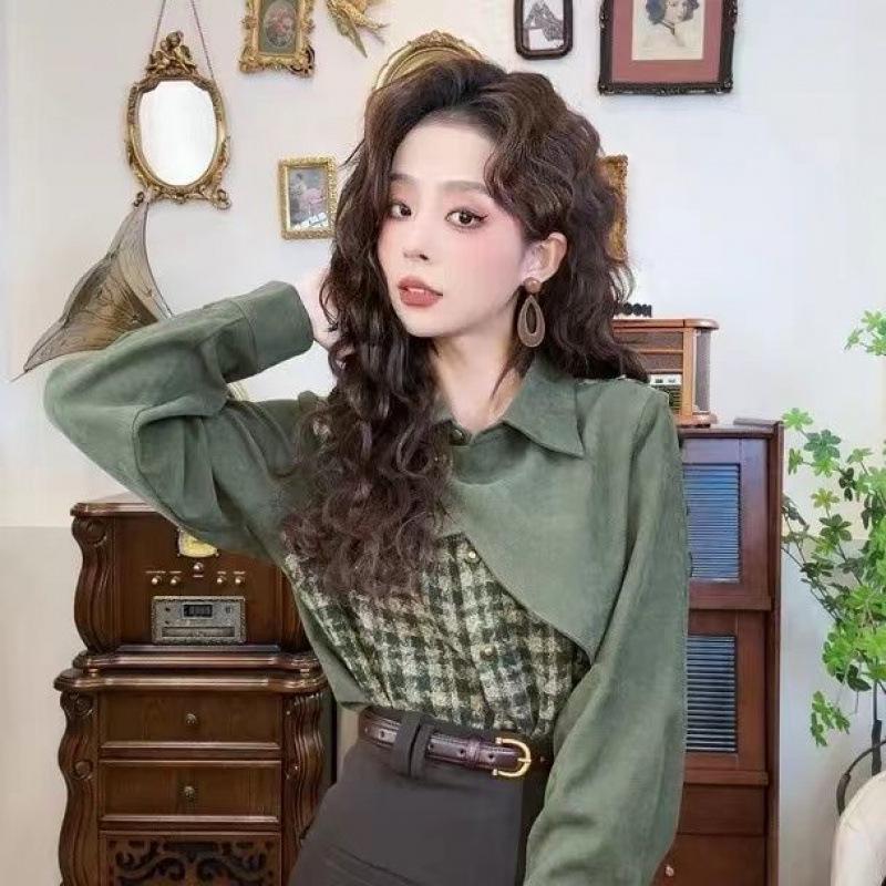 

Hong Kong Retro Plaid Patchwork Color Block Shirt 2025 - Versatile Long-Sleeved Top M зелёный