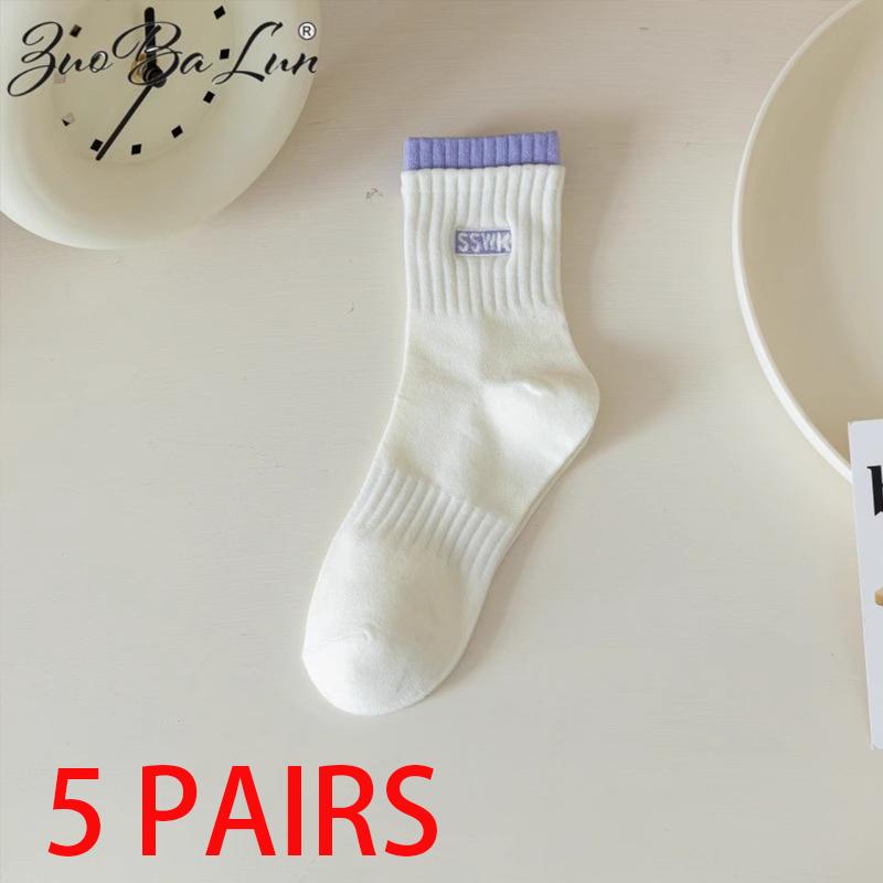 5 Pares Calcetines de Algodón para Mujer Tubo Medio Sin Costuras Transpirables Color Sólido Calcetín Casual