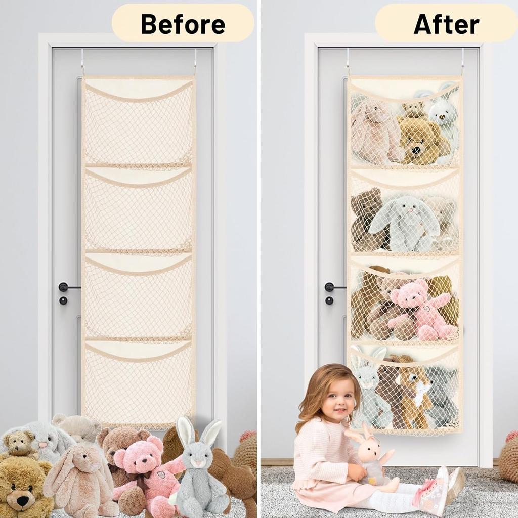 Over The Door Stuffed Animal Storage, Cotton Toy Organizer for Storage Plush Toys,Baby Supplies, Stuffed Animal Holder with 4 Large Pockets