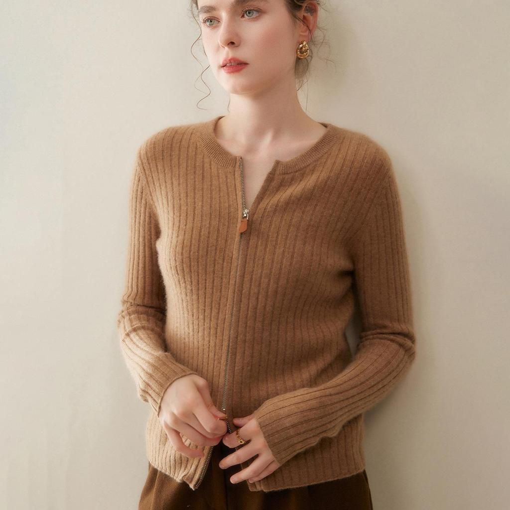 Fashionable Ribbed Cashmere Zipper Cardigan Sweater - Slimming Knit, Round Neck Wool Coat