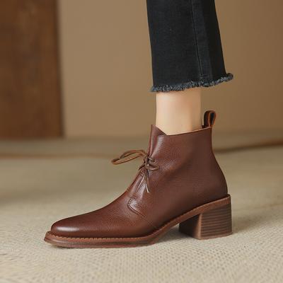 2024 Herbst Schnürstiefel für Damen Echtschuhe für Damen Spitzzehen Klobige Hohe Absätze Westernstiefel Schwarze Cowboystiefel