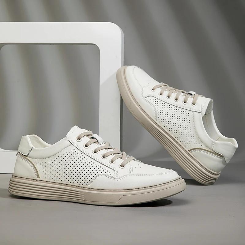 New Breathable Mens Shoes Fashion Hollow Out Walking Sneakers Comfy Outdoor Italian Genuine Leather Casual Shoes Skateboard Shoe