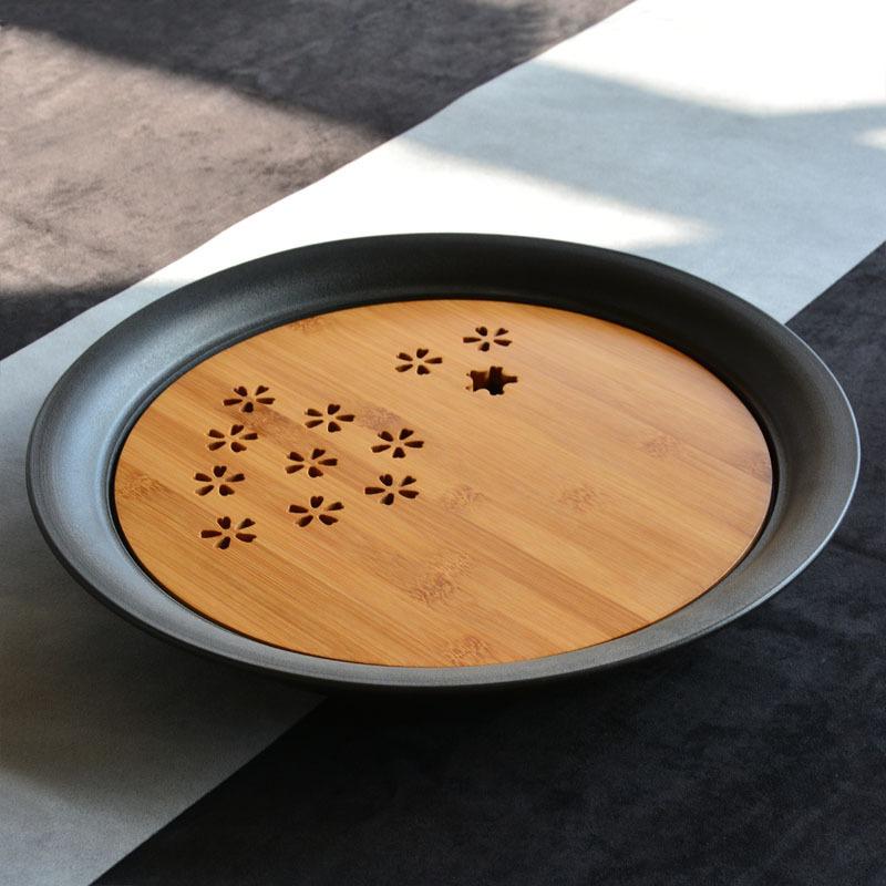 

900 мл японский бамбуковый чехол черный керамический горшок подшипник держатель сливовый цветущий поднос для хранения воды чайный поднос круглый сухой стол для замачивания подарок