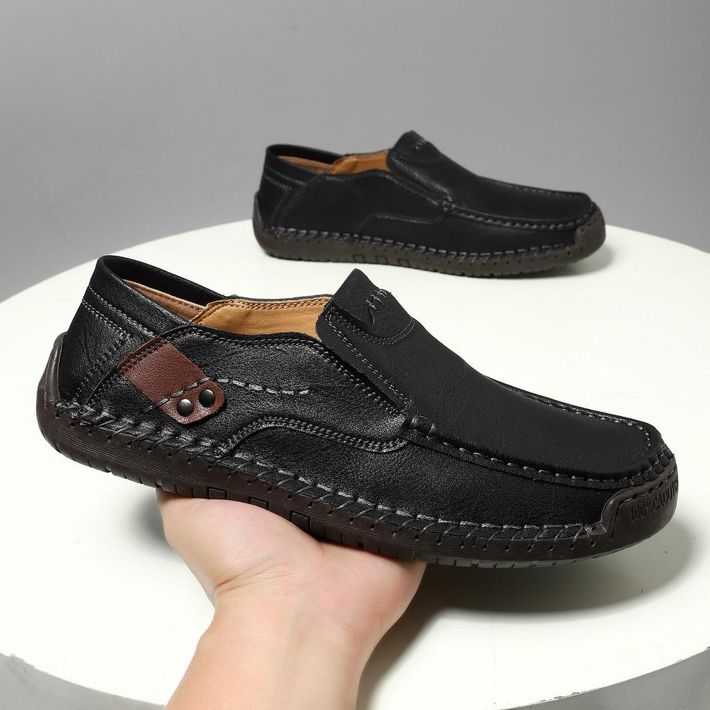Hollow hand-stitched men's shoes outdoor casual shoes one-pedal flat-soled leather shoes low-top large-size loafers